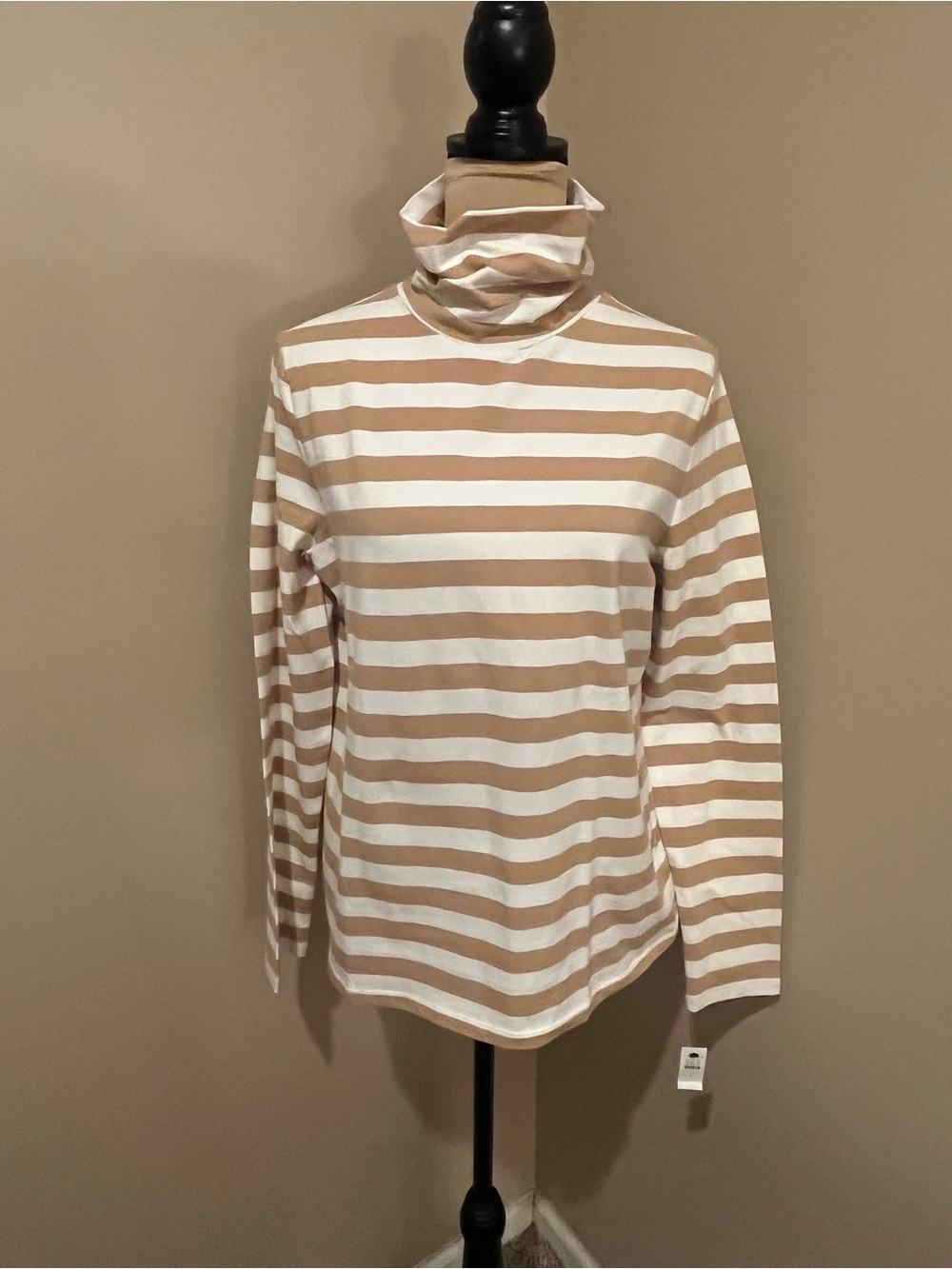 NWT Talbots Beige and White Striped Turtleneck Long-Sleeve Top, Large